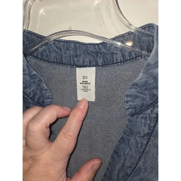 H&M Mama Maternity Blue Denim Short Sleeve V-Neck Mini Dress Size XS - Picture 2 of 6